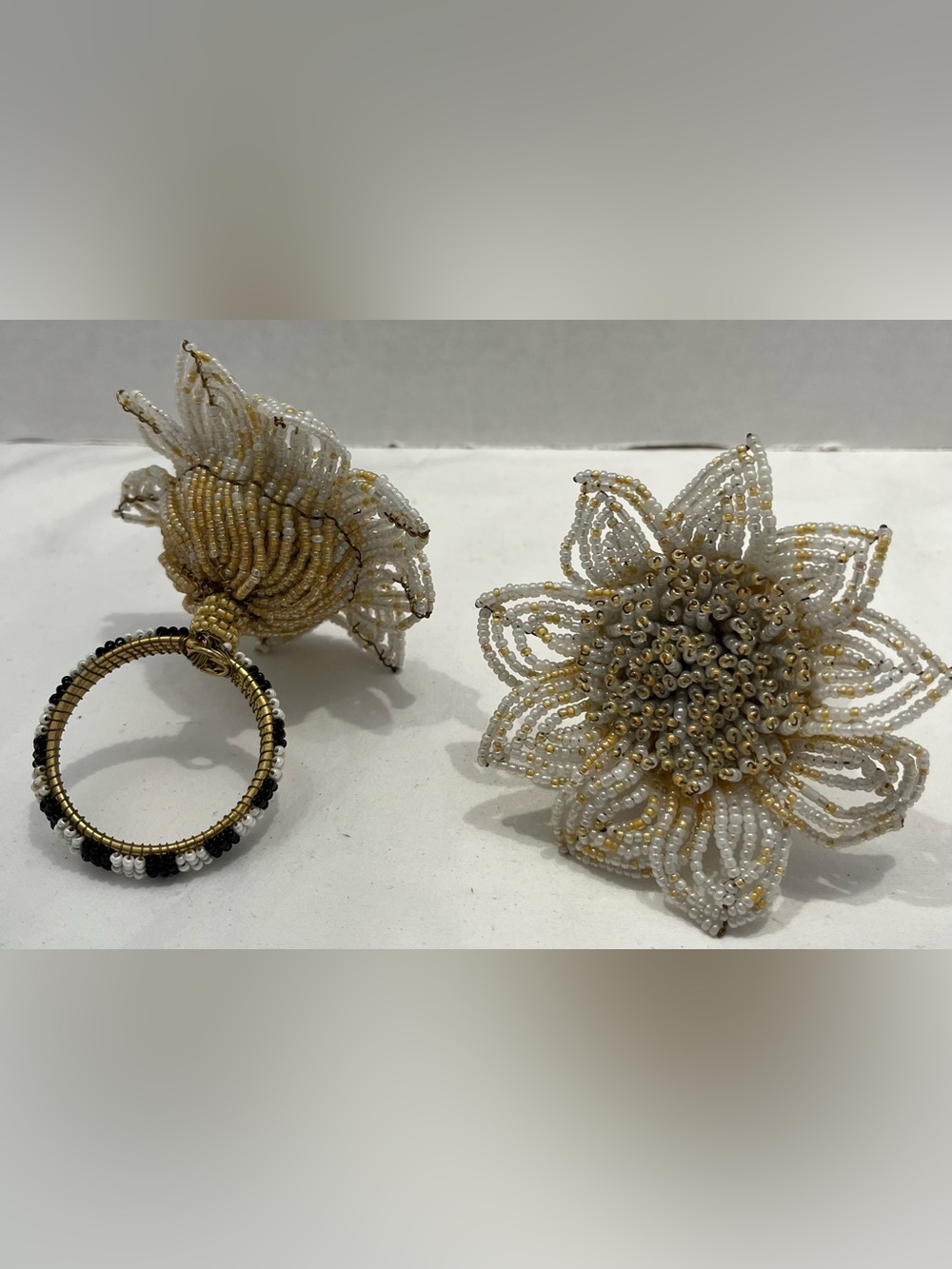 (2) Mac-Kenzie Childs Beaded Blossom Floral White Gold Napkin Rings